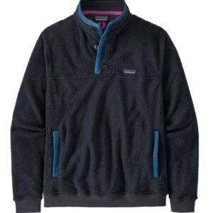 patagonia shearling fleece button up pullover in pitch blue